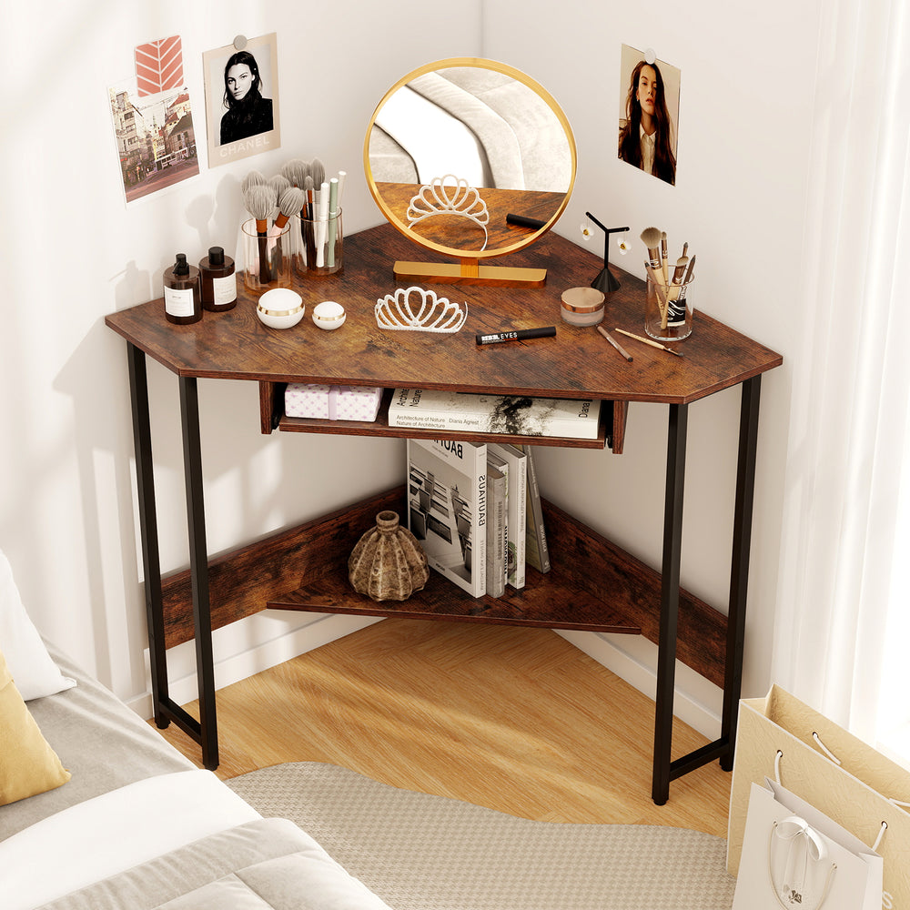 Triangle corner desk in rustic brown showcasing a spacious desktop for decor and electronics, perfect for any corner.