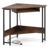 Triangle corner desk in rustic brown with charging station, keyboard tray, and bottom storage shelf for versatile use.