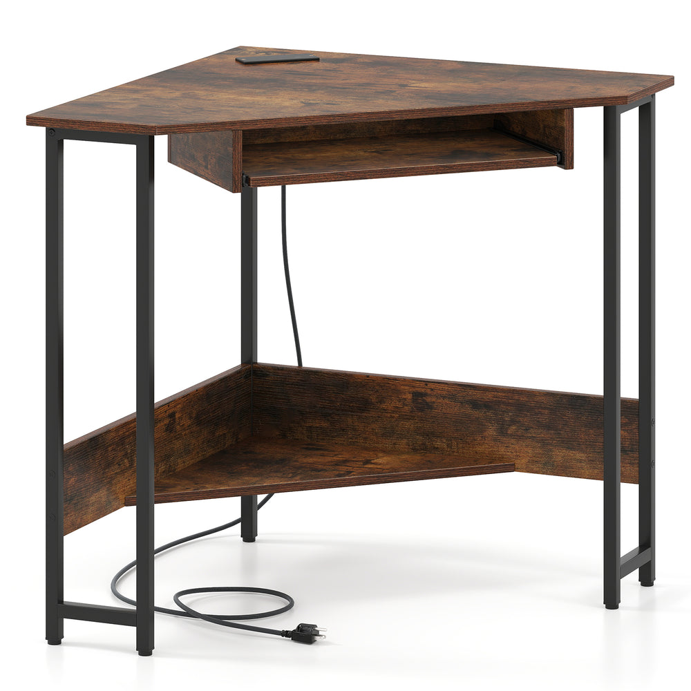 Triangle corner desk in rustic brown with charging station, keyboard tray, and bottom storage shelf for versatile use.
