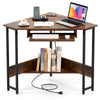 Triangle corner desk in rustic brown featuring a wide desktop for laptops and decor, ideal for home office or study.