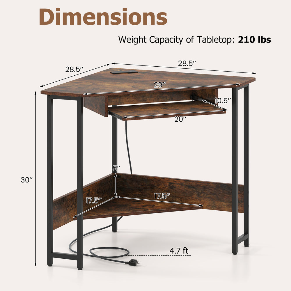 Triangle corner desk in rustic brown with dimensions, charging station, and storage shelf for versatile workspace use.