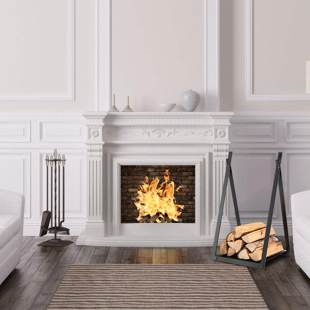 Triangle firewood rack in black with raised base, holding multiple logs, ideal for indoor and outdoor use.
