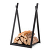 Triangle firewood rack in black with sturdy steel frame, raised base, and capacity for multiple logs, ideal for indoor.