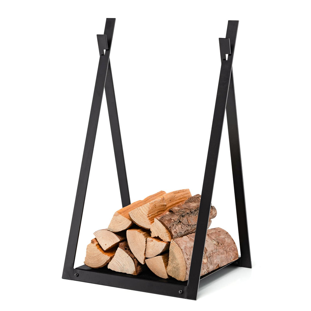 Triangle firewood rack in black with sturdy steel frame, raised base, and capacity for multiple logs, ideal for indoor.