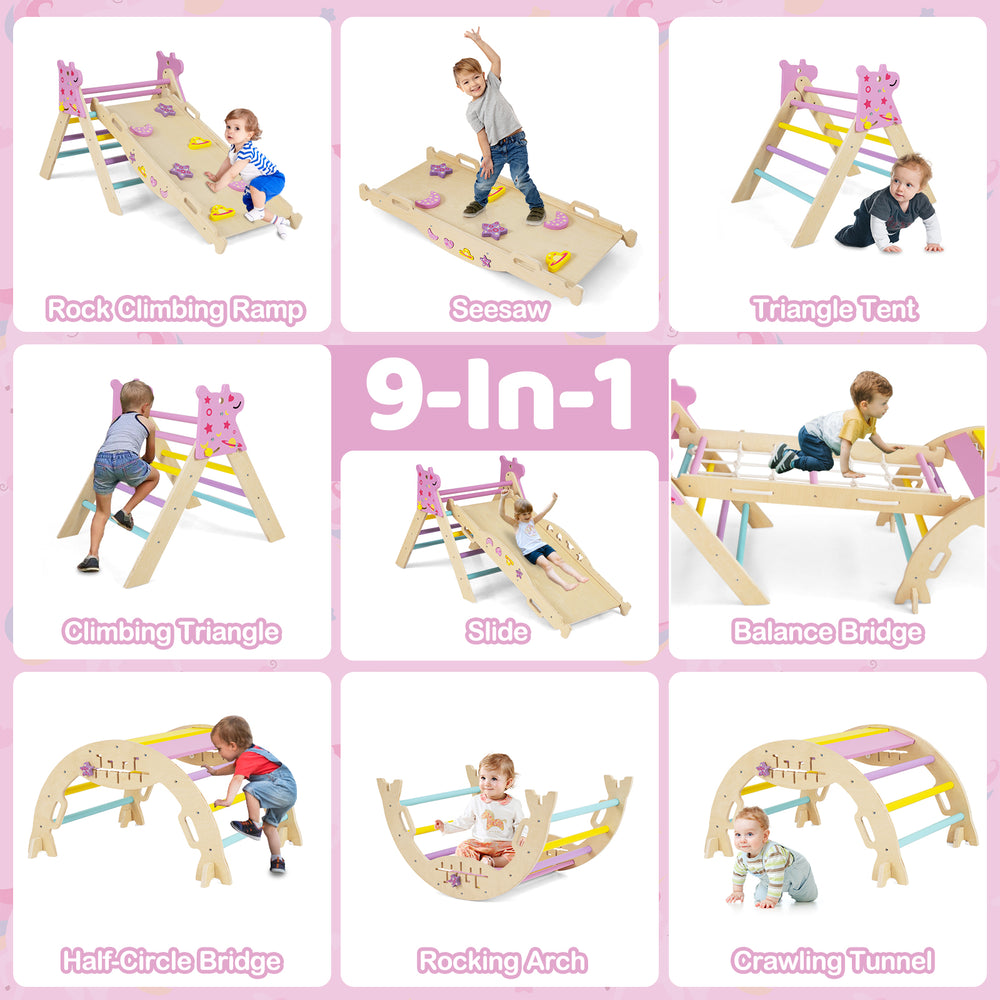 Triangle set featuring a climbing ramp, slide, and balance bridge, designed for safe play and development in kids.