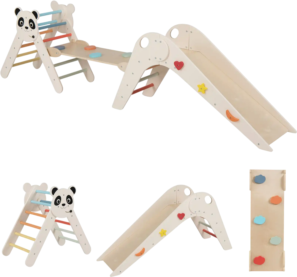 Panda-themed foldable kids climbing set with slide, balance bridge, and climbing triangle for safe play and.