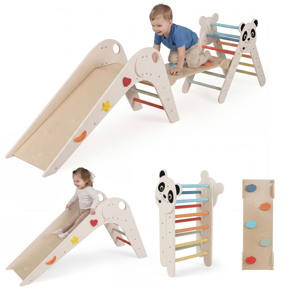 Foldable kids climbing set featuring a panda theme, includes a slide and balance bridge for safe play and development.