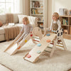 Kids playing on a panda-themed wood climbing set with slide and balance bridge, designed for safe indoor fun.