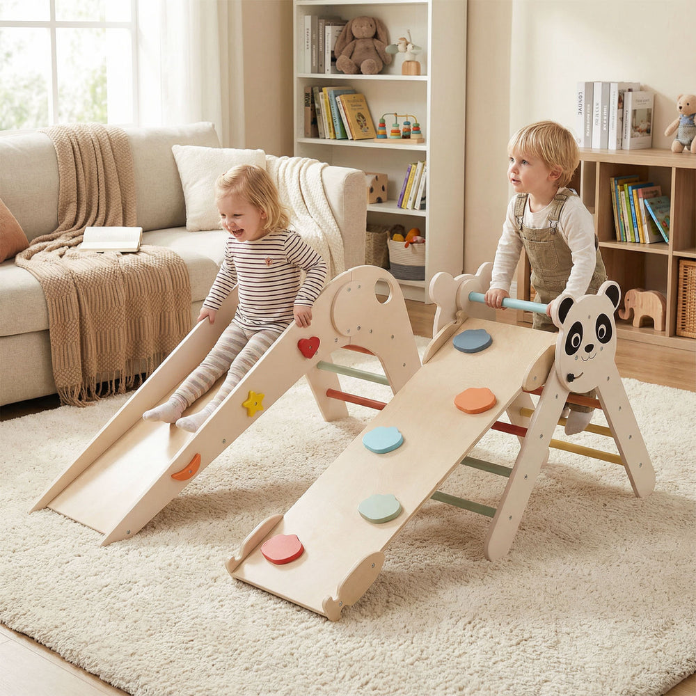 Kids playing on a panda-themed wood climbing set with slide and balance bridge, designed for safe indoor fun.
