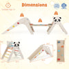 Panda-themed wooden climbing triangle set with slide and balance bridge, designed for safe play and compact storage.