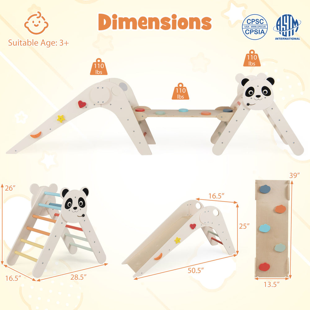 Panda-themed wooden climbing triangle set with slide and balance bridge, designed for safe play and compact storage.