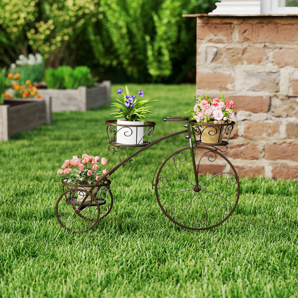 Tricycle Plant Stand Flower Pot Cart Holder with 3 Hollowed Baskets-Bronze - Gallery View 1 of 10