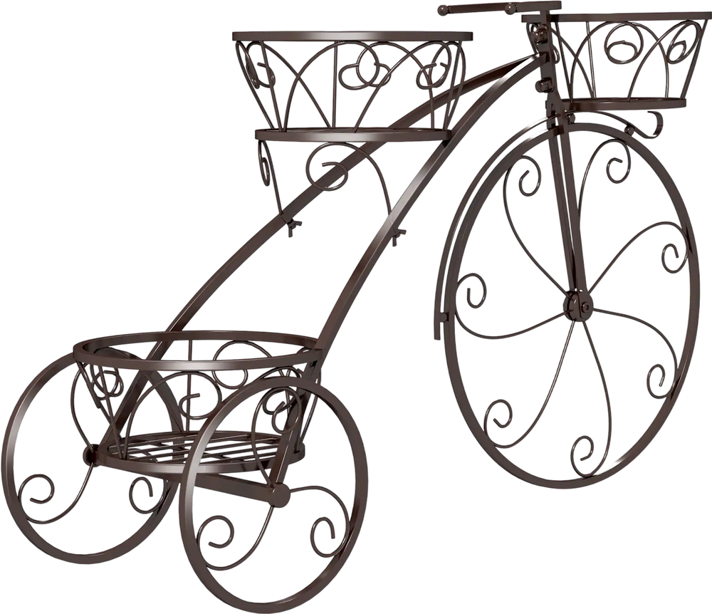 Tricycle plant stand in bronze with 3 hollowed baskets, ideal for indoor or outdoor plant display and decoration.