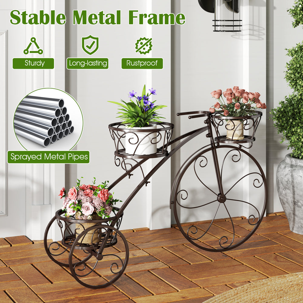 Tricycle plant stand with three hollowed bronze baskets, featuring a stable metal frame for indoor and outdoor use.