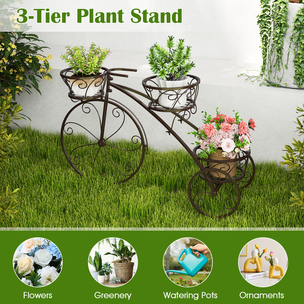 3-tier tricycle plant stand in bronze with hollowed baskets for flowers and greenery, ideal for indoor and outdoor use.