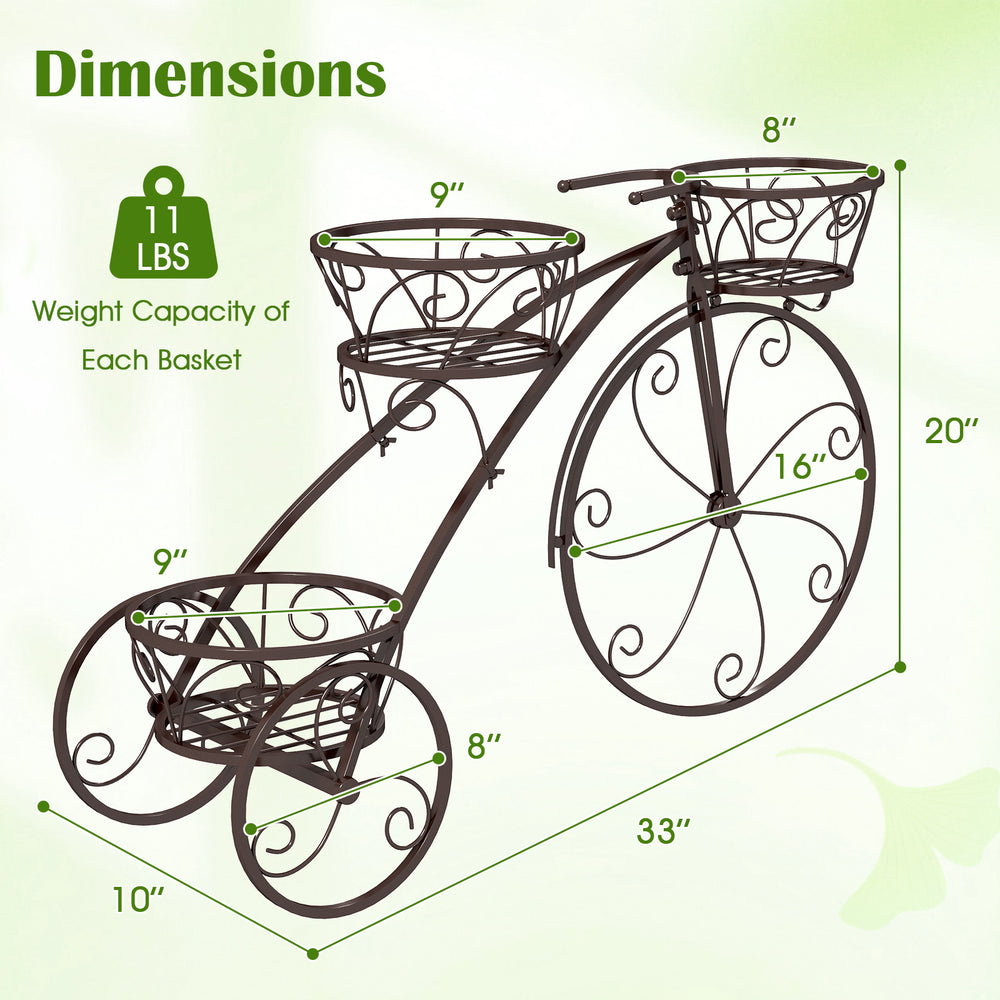 Tricycle plant stand in bronze with three hollowed baskets, ideal for indoor and outdoor plant display.