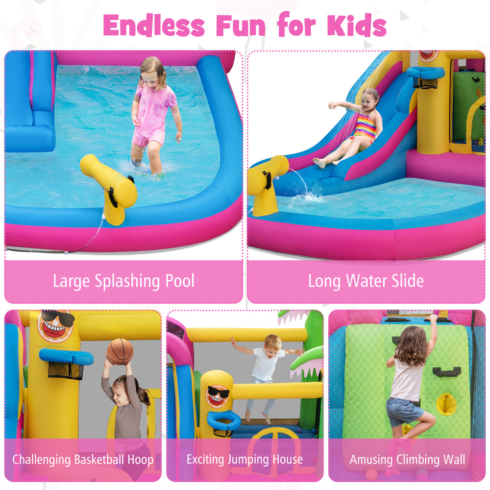 Inflatable bounce castle featuring a long water slide, splashing pool, and basketball hoop for kids' summer fun.