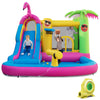 Inflatable bounce castle with water slide, palm trees, and basketball hoop, perfect for summer fun and active play.