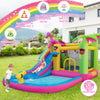 Inflatable bounce castle with water slide, featuring vibrant colors and mesh netting for kids' summer fun.