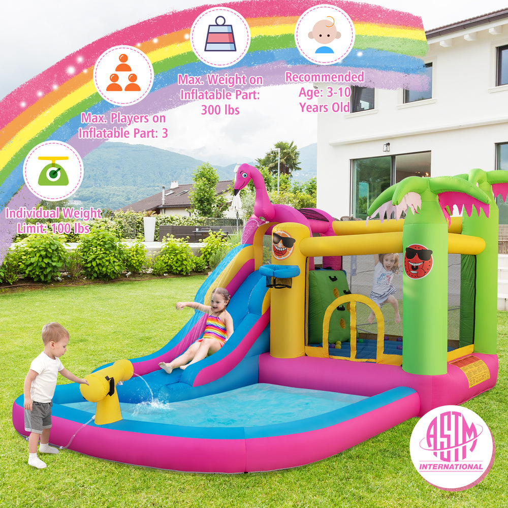 Inflatable bounce castle with water slide, featuring vibrant colors and mesh netting for kids' summer fun.