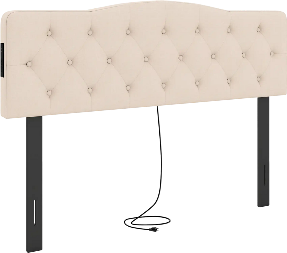 Tufted upholstered headboard in beige with rubber wood legs, featuring 2 AC outlets and USB ports for convenient.