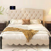 Tufted upholstered headboard in beige for queen and full-size beds, featuring 2 AC outlets and USB ports for charging.