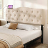 Tufted beige upholstered headboard for queen and full size beds, featuring 2 AC outlets and USB ports for charging.