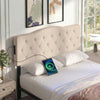 Tufted beige upholstered headboard with 2 AC outlets and USB ports, designed for queen and full size beds.