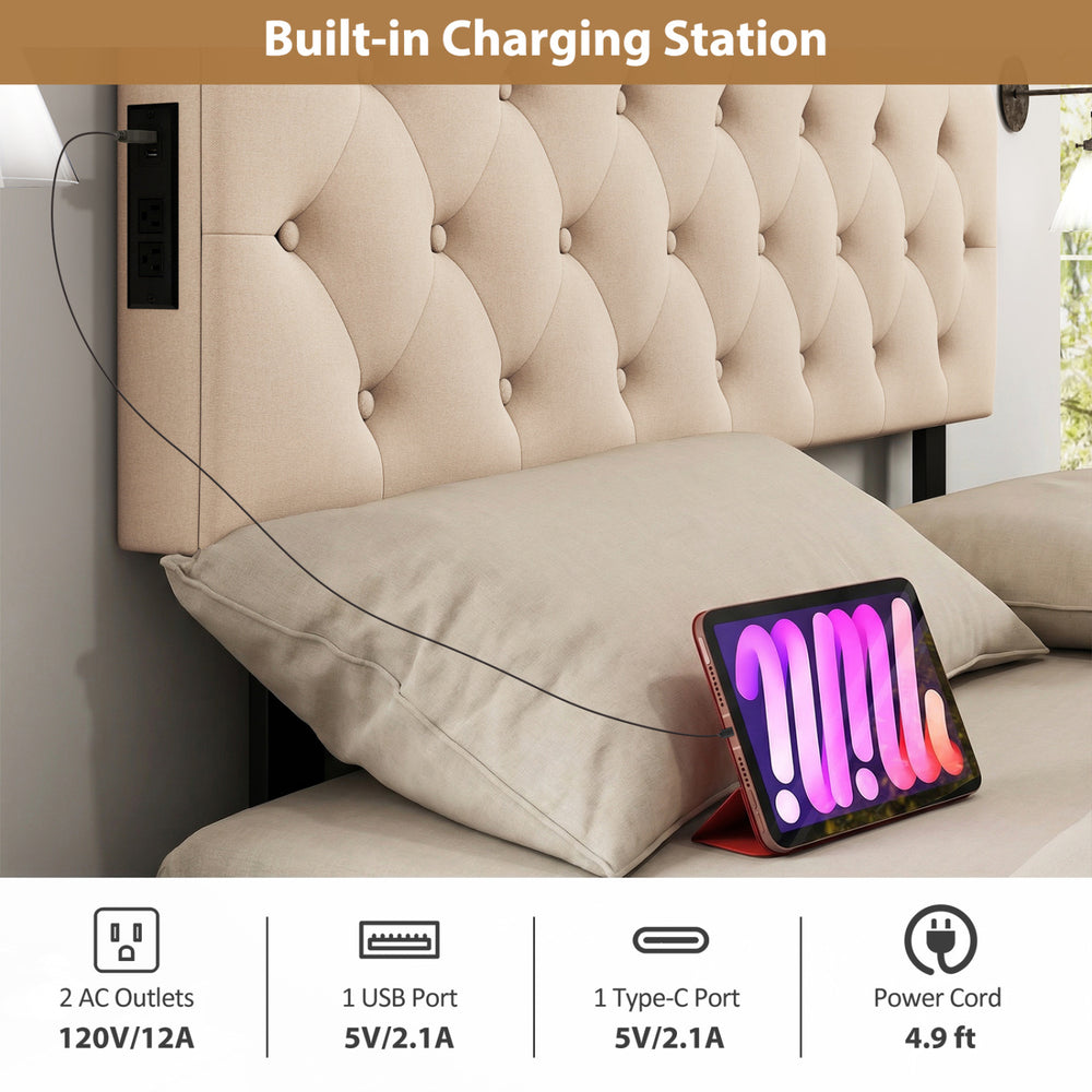 Tufted upholstered headboard in beige with built-in charging station, featuring 2 AC outlets and USB ports for.