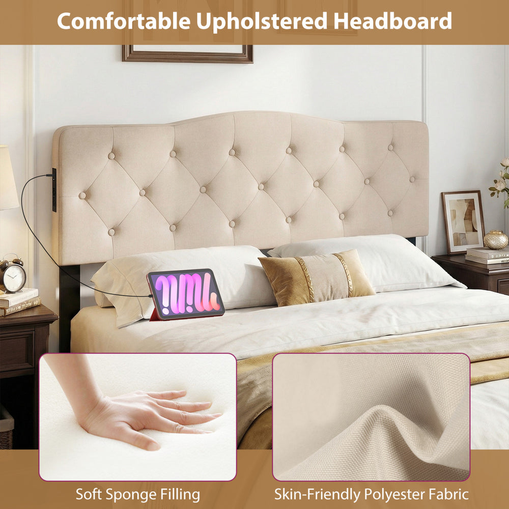 Tufted upholstered headboard in beige with soft sponge filling and 2 AC outlets, perfect for queen and full size beds.