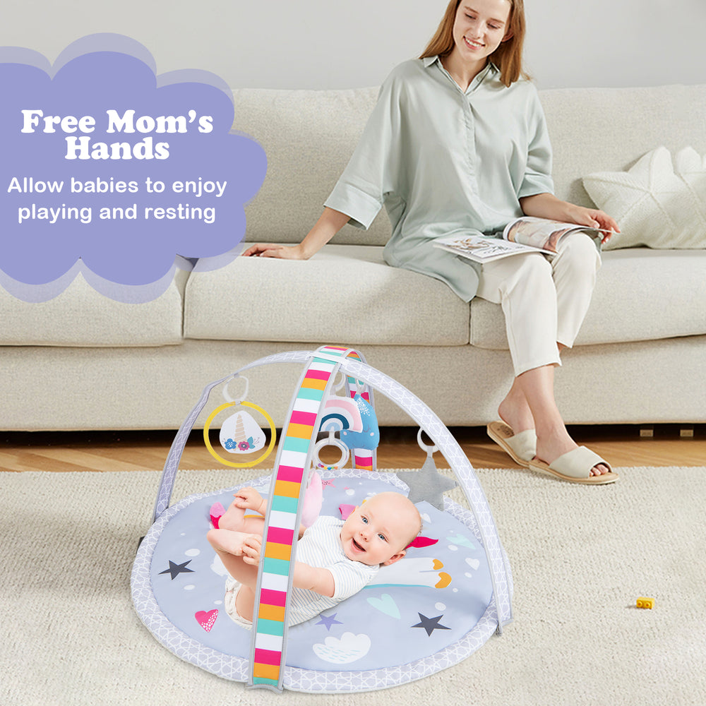 Baby play gym mat with 5 detachable toys in multicolor, designed for tummy time and safe play for infants.