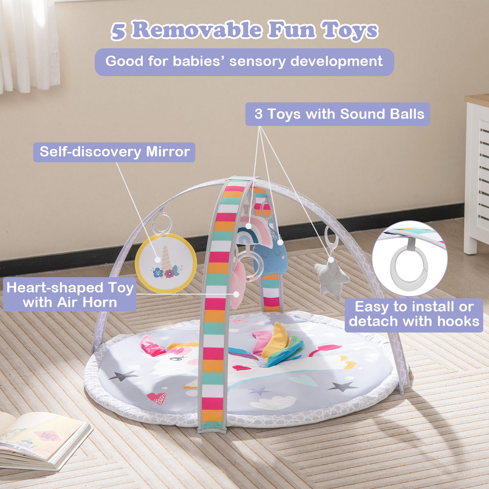 Baby play gym mat with 5 detachable toys, multicolor design, ideal for sensory development and safe play for infants.