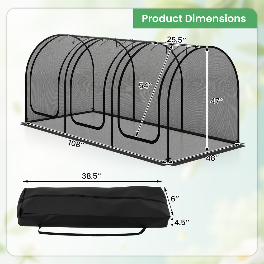 Large portable plant protection tent with three roll-up zippered doors, featuring breathable mesh and durable metal.