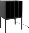 Turntable record player stand in black with power outlets, holds 150 vinyl records, ideal for living room or music room.