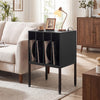 Turntable record player stand in black with power outlets, holding vinyl records, ideal for living room or music room.