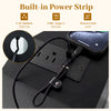 Turntable record player stand in black with built-in power strip, featuring AC outlets and USB-C for versatile device.