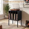Turntable record player stand in black with compartments for 150 vinyl records, power outlets, and spacious tabletop.