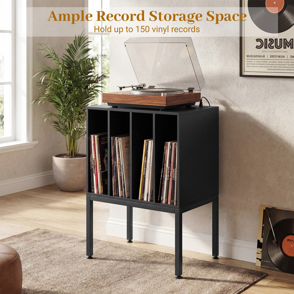 Turntable record player stand in black with compartments for 150 vinyl records, power outlets, and spacious tabletop.