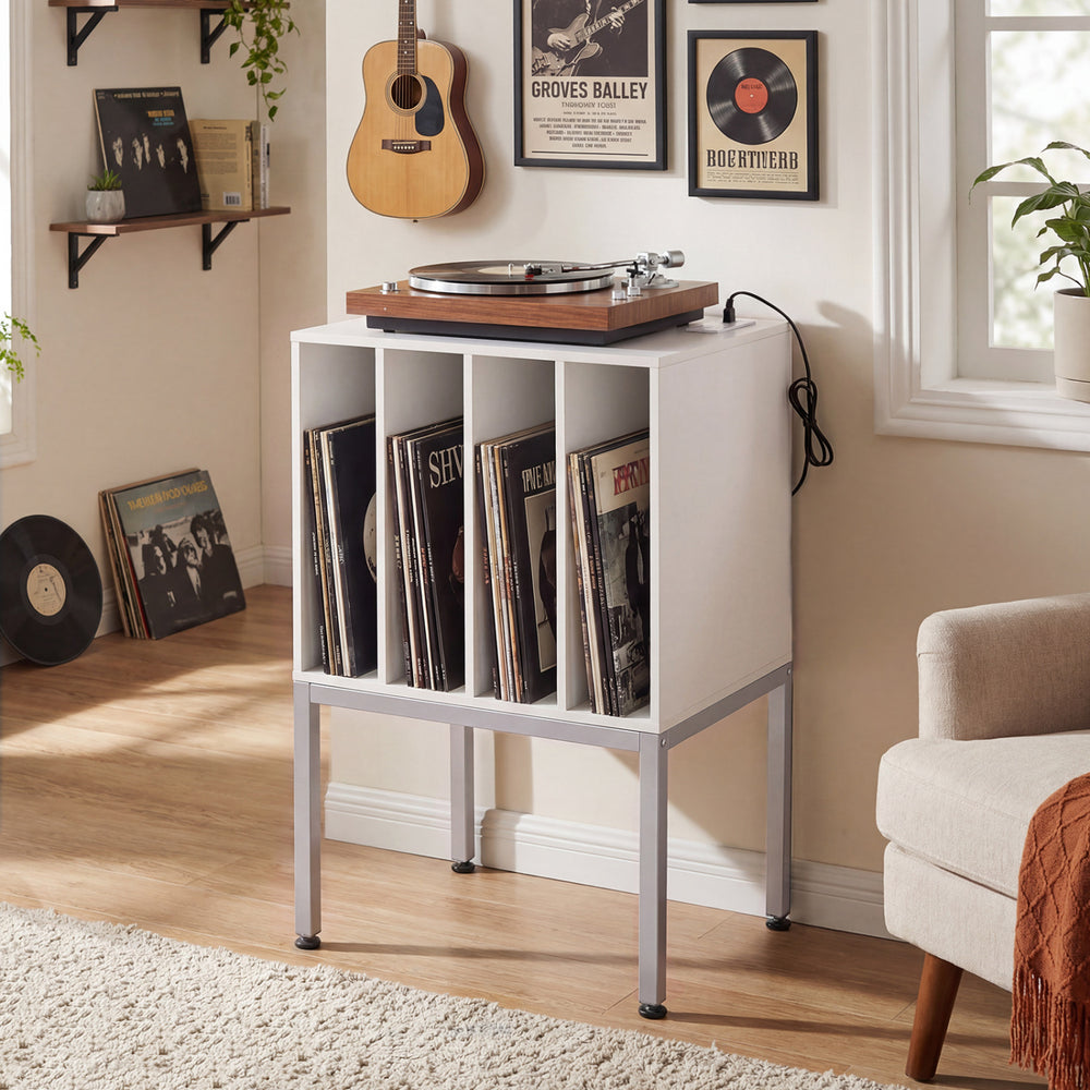 Turntable Record Player Stand with Power Outlets-White - Gallery View 1 of 10