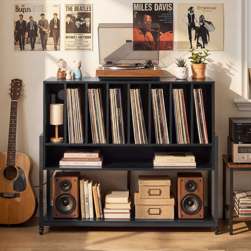 Record player stand in rustic brown and black with vinyl storage, accommodating up to 216 albums for music rooms.