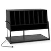 Record player stand in black with 8 compartments for vinyl storage, featuring wheels and a charging station for.
