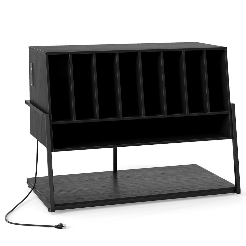 Record player stand in black with 8 compartments for vinyl storage, featuring wheels and a charging station for.