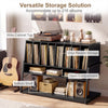 Record player stand with vinyl storage shelves, featuring a wide cabinet top and open compartments for 216 albums.