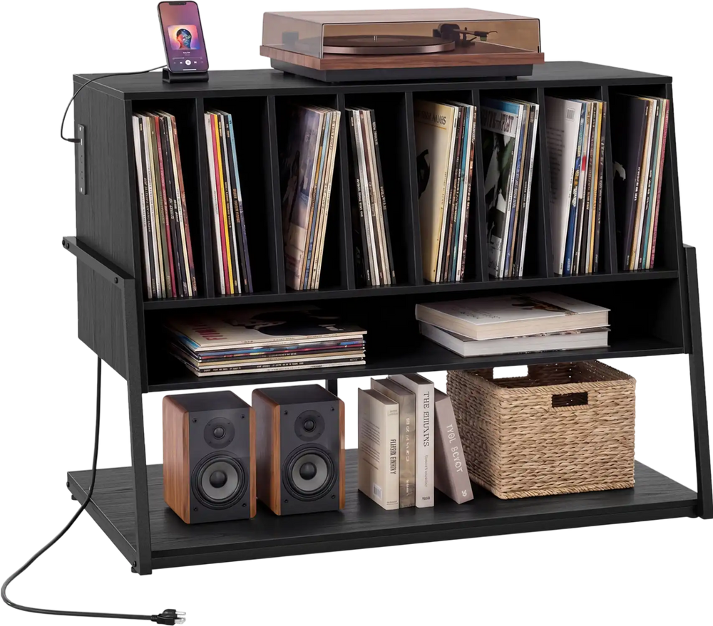 Turntable stand in black with vinyl storage, charging station, and open compartments for 216 albums and accessories.