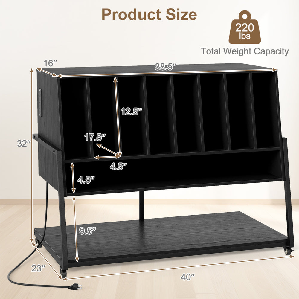 Turntable stand with charging station, featuring 8 vinyl storage compartments and a sturdy black metal frame.