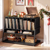 Turntable stand in black with vinyl storage shelves, accommodating 216 albums, featuring a charging station and wheels.