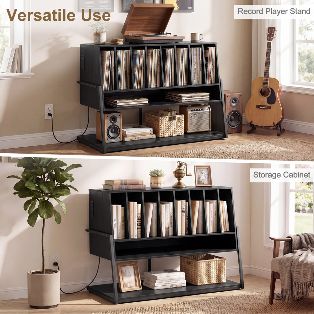Turntable stand in black with vinyl storage shelves, featuring 8 compartments and a charging station for versatile use.