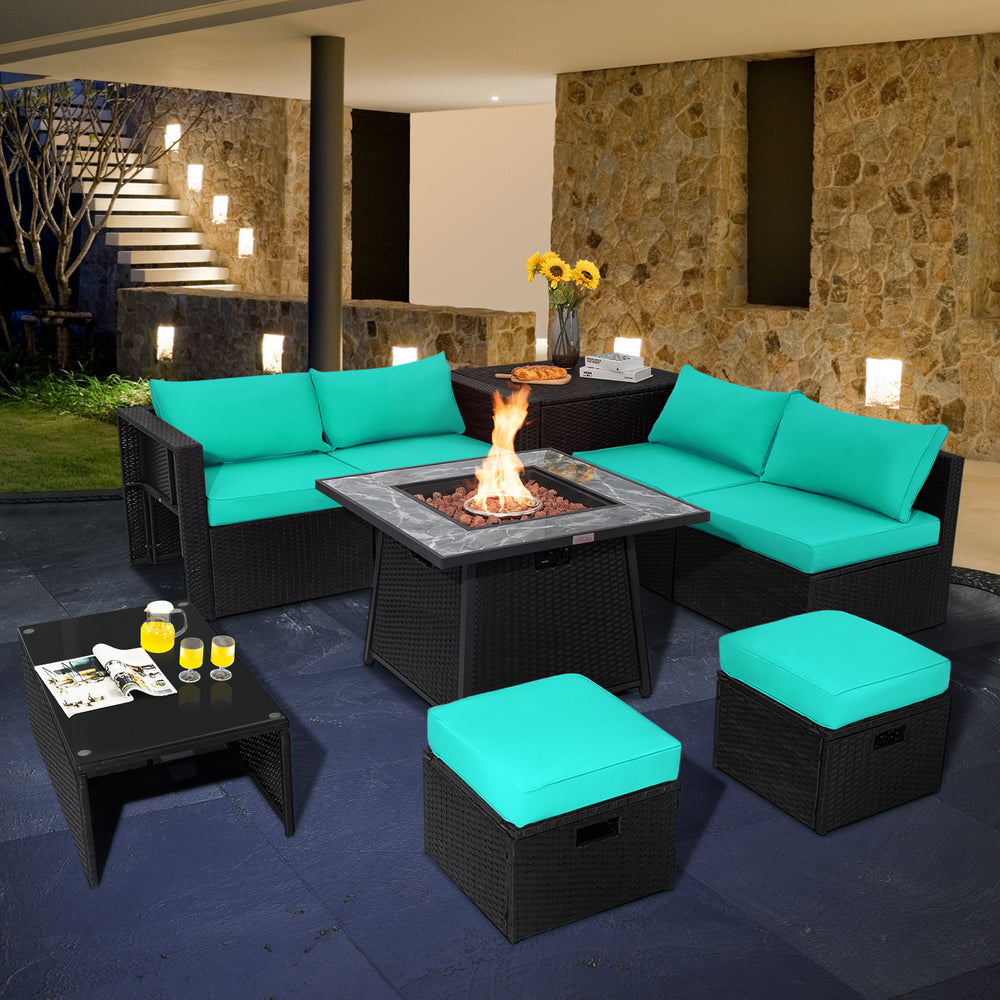9 Pieces Outdoor Wicker Sectional with 35 Inch Gas Fire Pit Table-Turquoise - Gallery View 1 of 10