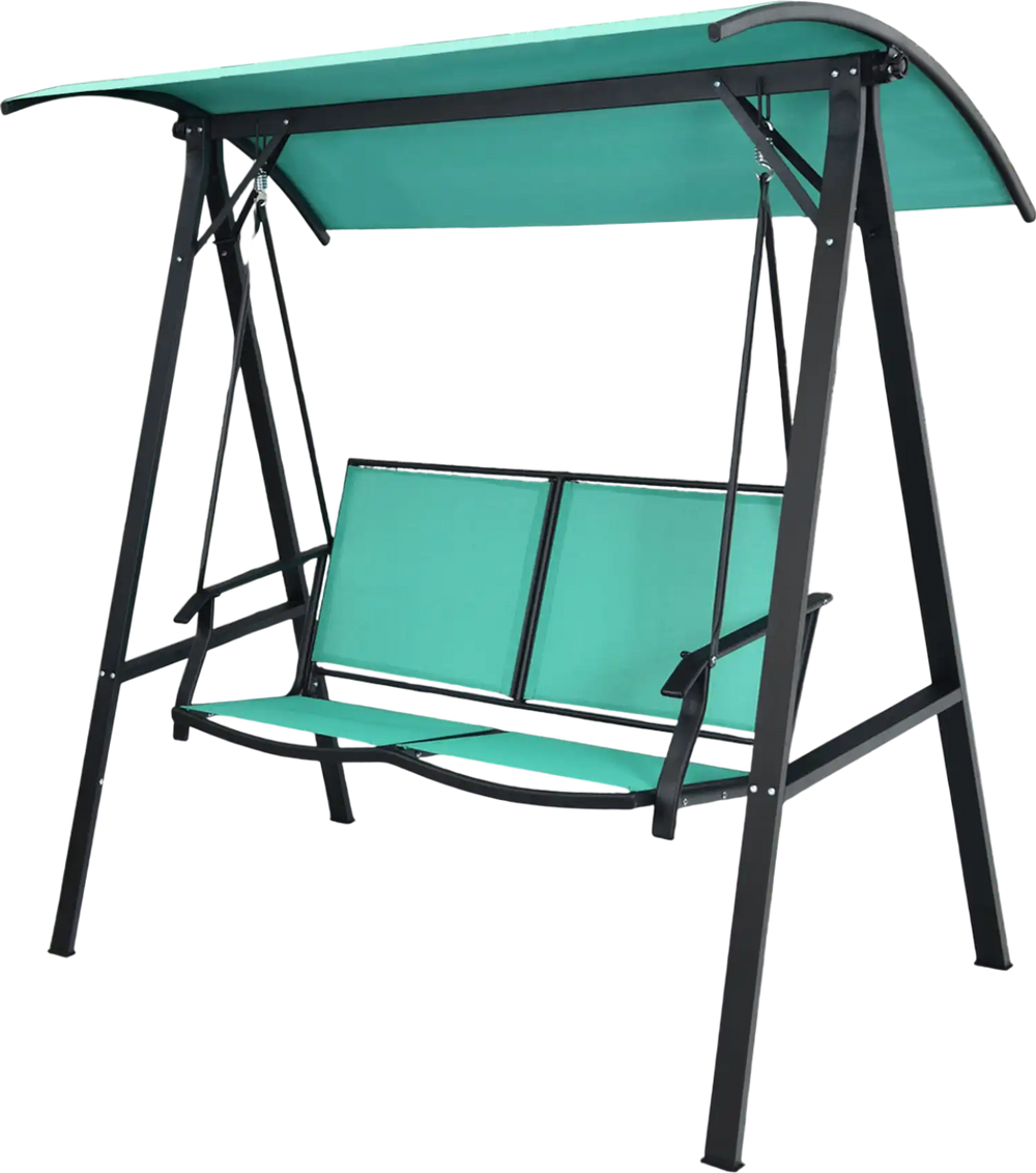 Two-person patio swing featuring a spacious green seat and adjustable canopy, ideal for comfortable outdoor lounging.