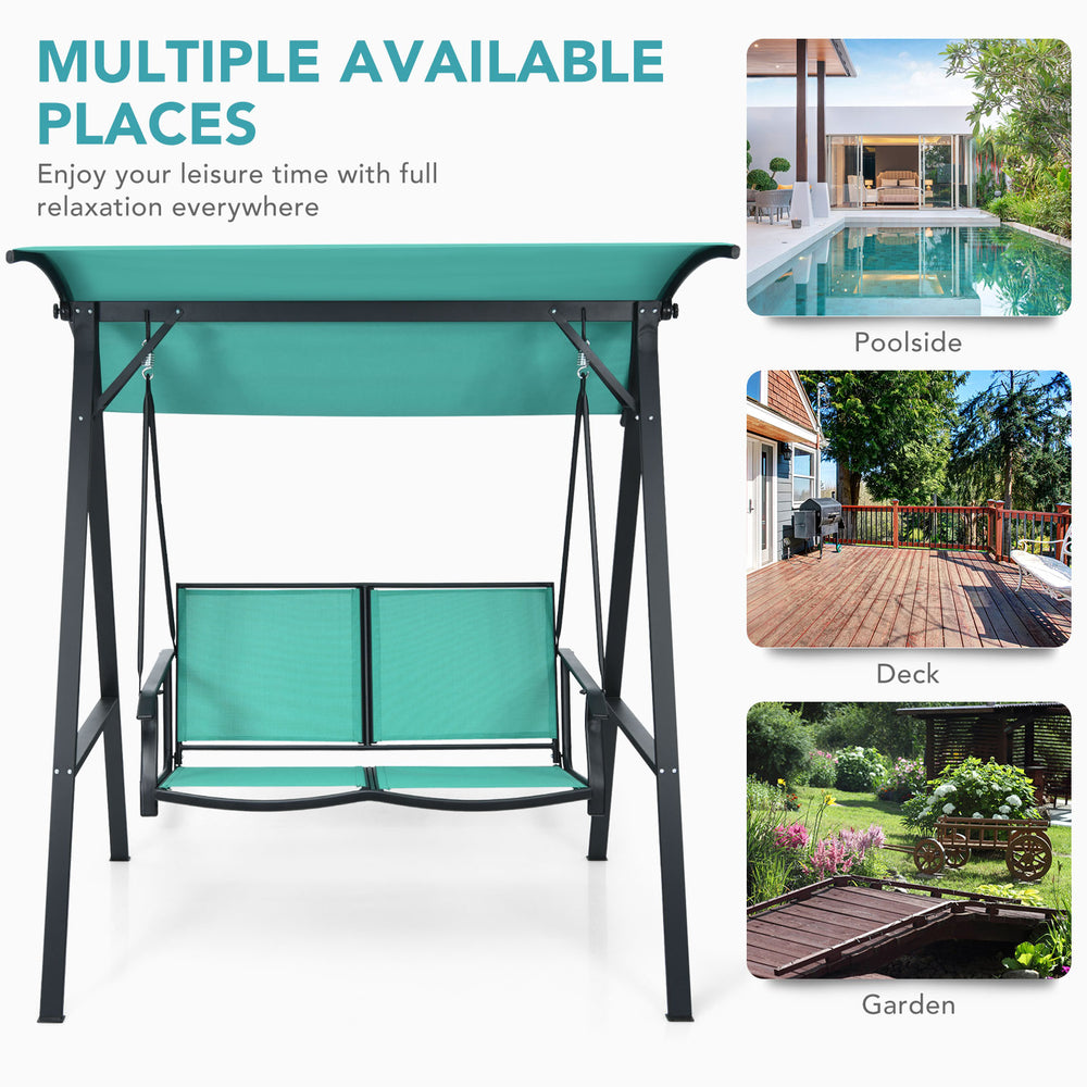 Two-person patio swing in green with adjustable canopy, perfect for poolside, deck, or garden relaxation.